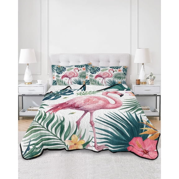 Quilts Full Size, Summer Flamingo Soft Comforter Bedding Set for Bed, Palm Leaves Floral Tropical Botanical Lightweight Quilted Bedspread with Pillow Cover(2 Pieces) for All Season, 78x90 Inch