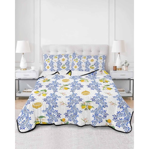 Quilts Full Size, Summer Lemon Soft Comforter Bedding Set for Bed, Navy Blue Spring Floral Botanical Lightweight Quilted Bedspread with Pillow Cover(2 Pieces) for All Season, 78x90 Inch