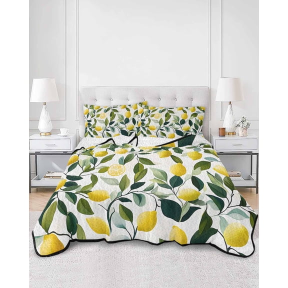 Quilts Full Size, Summer Lemon Soft Comforter Bedding Set for Bed, Pastoral Yellow Fruits Green Botanical Lightweight Quilted Bedspread with Pillow Cover(2 Pieces) for All Season, 78x90 Inch