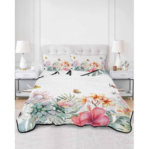 Quilts Full Size, Summer Tropical Soft Comforter Bedding Set for Bed, Watercolor Palm Leaves Butterfly Flower Lightweight Quilted Bedspread with Pillow Cover(2 Pieces) for All Season, 78x90 Inch