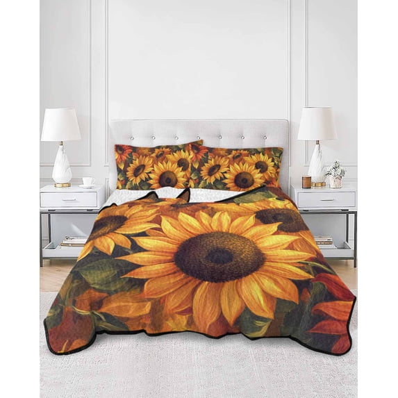 Quilts Full Size, Sunflower Soft Comforter Bedding Set for Bed, Spring Summer Floral Watercolor Botanical Lightweight Quilted Bedspread with Pillow Cover(2 Pieces) for All Season, 78x90 Inch