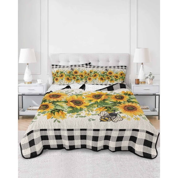 Quilts Full Size, Sunflower Soft Comforter Bedding Set for Bed, Summer Botanical Bee Rustic Black Plaid Lightweight Quilted Bedspread with Pillow Cover(2 Pieces) for All Season, 78x90 Inch