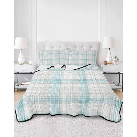 Quilts Full Size, Teal Beige Checkered Soft Comforter Bedding Set for Bed, Summer Modern Minimalist Lightweight Quilted Bedspread with Pillow Cover(2 Pieces) for All Season, 78x90 Inch