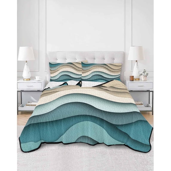 Quilts Full Size, Teal Beige Ombre Soft Comforter Bedding Set for Bed, Moire Modern Abstract Art Geometric Lightweight Quilted Bedspread with Pillow Cover(2 Pieces) for All Season, 78x90 Inch