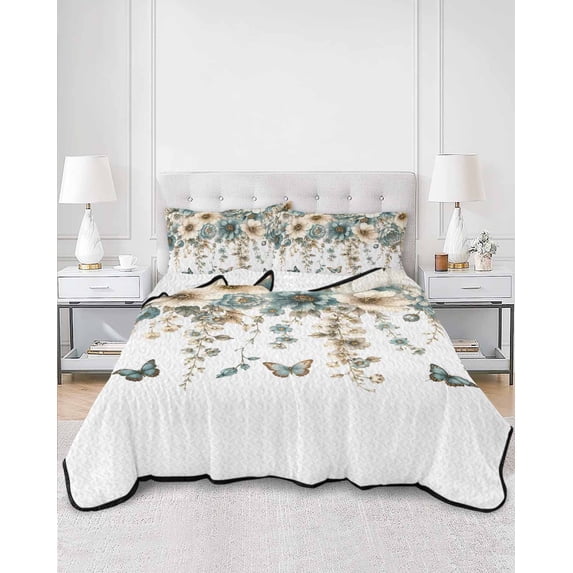 Quilts Full Size, Teal Floral Soft Comforter Bedding Set for Bed, Weeping Beige Turquoise Flowers Summer Lightweight Quilted Bedspread with Pillow Cover(2 Pieces) for All Season, 78x90 Inch
