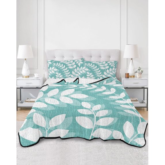 Quilts Full Size, Teal Green Leaves Soft Comforter Bedding Set for Bed, Farmhouse Botanical Branch Vintage Boho Leaf Lightweight Quilted Bedspread with Pillow Cover(2 Pieces) All Season, 78x90 Inch