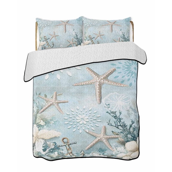 Quilts Full Size, Teal Ocean Coastal Soft Comforter Bedding Set for Bed, Summer Beach Nautical Coral Starfish Lightweight Quilted Bedspread with Pillow Cover(2 Pieces) for All Season, 78x90 Inch