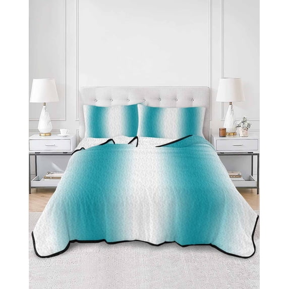 Quilts Full Size, Teal White Ombre Soft Comforter Bedding Set for Bed, Modern Abstract Art Farmhouse Gradient Lightweight Quilted Bedspread with Pillow Cover(2 Pieces) for All Season, 78x90 Inch