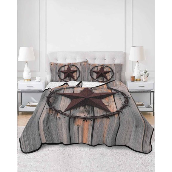 Quilts Full Size, Texas Star Brown Soft Comforter Bedding Set for Bed, Farmhouse Country Western Brown Wooden Lightweight Quilted Bedspread with Pillow Cover(2 Pieces) for All Season, 78x90 Inch