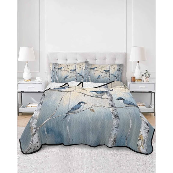 Quilts Full Size, Tree Birds Soft Comforter Bedding Set for Bed, Spring Forest Oil Painting Modern Animal Lightweight Quilted Bedspread with Pillow Cover(2 Pieces) for All Season, 78x90 Inch