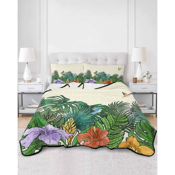 Quilts Full Size, Tropical Green Plant Soft Comforter Bedding Set for Bed, Fern Print Summer Floral Birds Lightweight Quilted Bedspread with Pillow Cover(2 Pieces) for All Season, 78x90 Inch