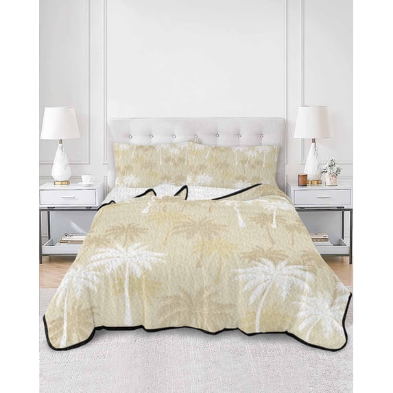 Quilts Full Size, Tropical Palm Tree Soft Comforter Bedding Set for Bed, Beige White Plants Coastal Leaf Beach Lightweight Quilted Bedspread with Pillow Cover(2 Pieces) for All Season, 78x90 Inch