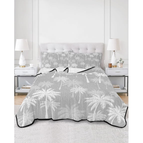 Quilts Full Size, Tropical Palm Tree Soft Comforter Bedding Set for Bed, Gray White Plants Coastal Leaf Beach Lightweight Quilted Bedspread with Pillow Cover(2 Pieces) for All Season, 78x90 Inch