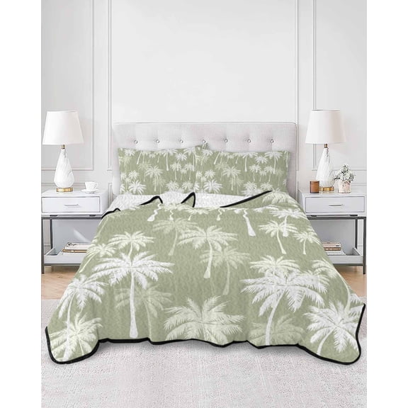 Quilts Full Size, Tropical Palm Tree Soft Comforter Bedding Set for Bed, Sage Green Plants Coastal Leaf Beach Lightweight Quilted Bedspread with Pillow Cover(2 Pieces) for All Season, 78x90 Inch