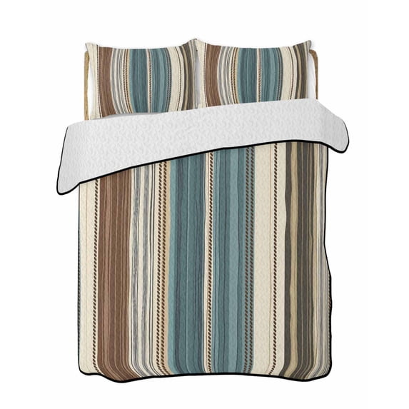 Quilts Full Size, Turquoise Beige Striped Soft Comforter Bedding Set for Bed, Modern Farmhouse Vertical Stripes Lightweight Quilted Bedspread with Pillow Cover(2 Pieces) for All Season, 78x90 Inch