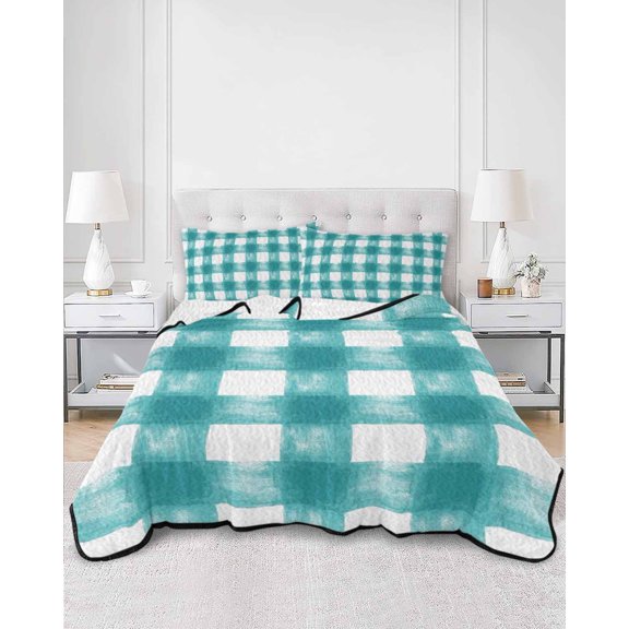 Quilts Full Size, Turquoise Buffalo Check Soft Comforter Bedding Set for Bed, Farmhouse Modern Teal Plaid Lightweight Quilted Bedspread with Pillow Cover(2 Pieces) for All Season, 78x90 Inch