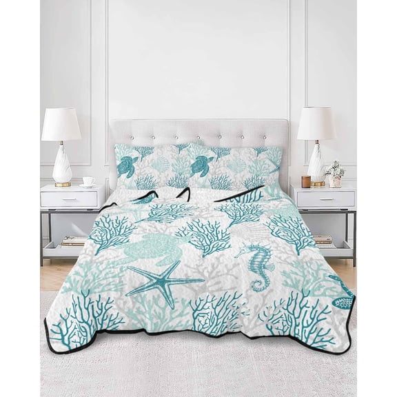 Quilts Full Size, Turquoise Coastal Soft Comforter Bedding Set for Bed, Sea Turtle Nautical Coral Summer Beach Lightweight Quilted Bedspread with Pillow Cover(2 Pieces) for All Season, 78x90 Inch
