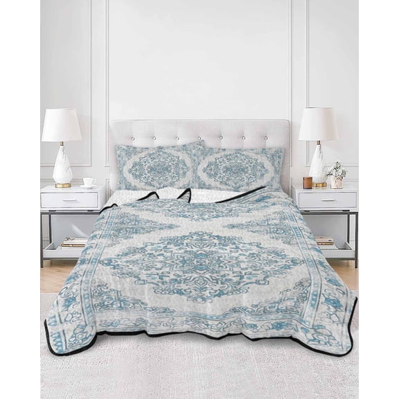 Quilts Full Size, Vintage Blue Soft Comforter Bedding Set for Bed, Boho Ethnic Mexican Floral Southwestern Lightweight Quilted Bedspread with Pillow Cover(2 Pieces) for All Season, 78x90 Inch