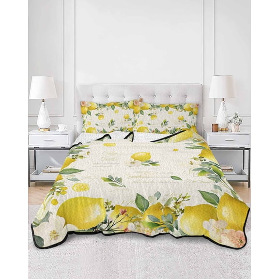 Quilts Full Size, Vintage Lemon Soft Comforter Bedding Set for Bed, Summer Fruit Rustic Botanical Floral Lightweight Quilted Bedspread with Pillow Cover(2 Pieces) for All Season, 78x90 Inch