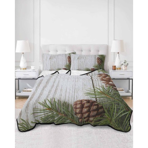 Quilts Full Size, Vintage Pine Cones Soft Comforter Bedding Set for Bed, Retro Botanical Watercolor Wooden Lightweight Quilted Bedspread with Pillow Cover(2 Pieces) for All Season, 78x90 Inch