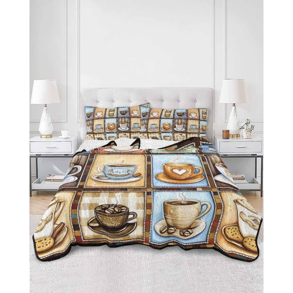 Quilts Full Size, Watercolor Coffee Soft Comforter Bedding Set for Bed, Retro Coffee Patchwork Lightweight Quilted Bedspread with Pillow Cover(2 Pieces) for All Season, 78x90 Inch