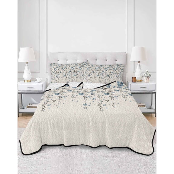 Quilts Full Size, Weeping Flowers Soft Comforter Bedding Set for Bed, Blue Grey Spring Floral Botanical Rustic Burlap Lightweight Quilted Bedspread with Pillow Cover(2 Pieces), 78x90 Inch