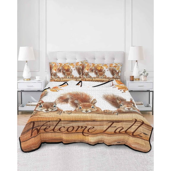 Quilts Full Size, Welcome Fall Squirrel Soft Comforter Bedding Set for Bed, Thanksgiving Botanical Lightweight Quilted Bedspread with Pillow Cover(2 Pieces) for All Season, 78x90 Inch