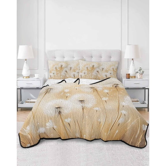 Quilts Full Size, White Dandelion Soft Comforter Bedding Set for Bed, Spring Farmhouse Pastoral Flowers Floral Lightweight Quilted Bedspread with Pillow Cover(2 Pieces) for All Season, 78x90 Inch