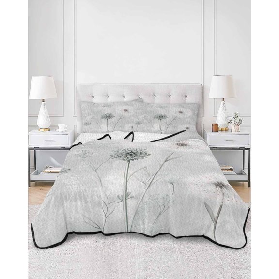 Quilts Full Size, White Green Dandelion Soft Comforter Bedding Set for Bed, Grey Floral Leaves Lightweight Quilted Bedspread with Pillow Cover(2 Pieces) for All Season, 78x90 Inch