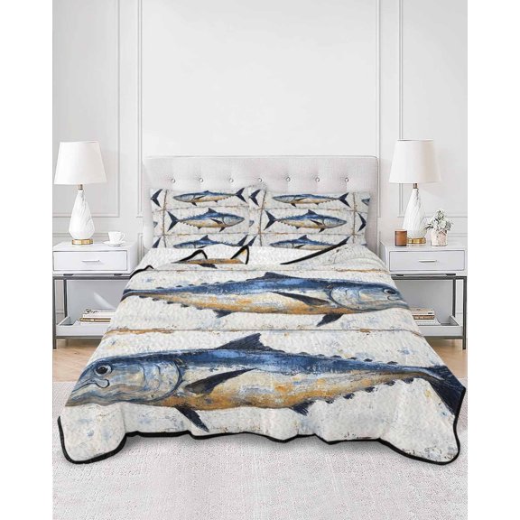 Quilts Full Size, White Navy Blue Fish Soft Comforter Bedding Set for Bed, Retro Animals Summer Coastal Lightweight Quilted Bedspread with Pillow Cover(2 Pieces) for All Season, 78x90 Inch