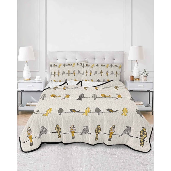 Quilts Full Size, Yellow Grey Plaid Soft Comforter Bedding Set for Bed, Farmhouse Burlap Spring Floral Birds Lightweight Quilted Bedspread with Pillow Cover(2 Pieces) for All Season, 78x90 Inch