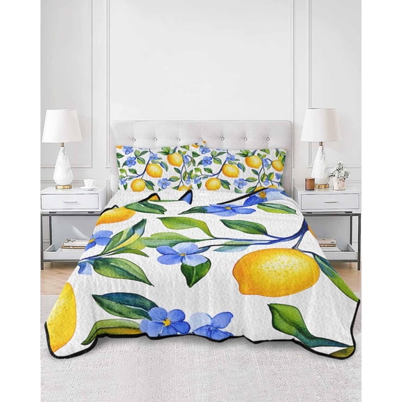 Quilts Full Size, Yellow Lemon Soft Comforter Bedding Set for Bed, Blue Flower Botanical Blossom Motif Spring Lightweight Quilted Bedspread with Pillow Cover(2 Pieces) for All Season, 78x90 Inch