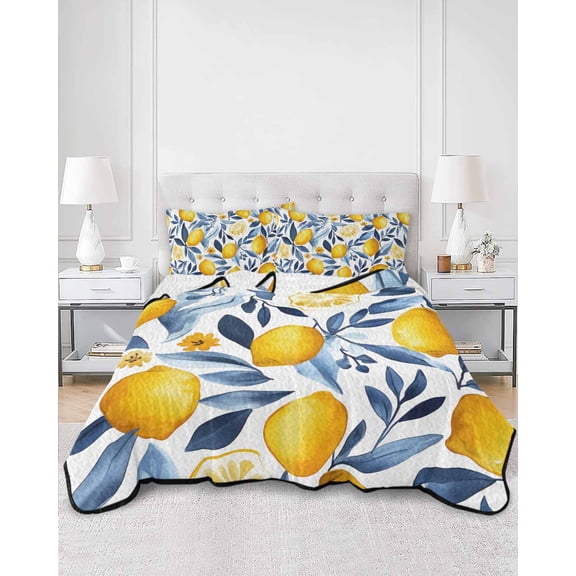 Quilts Full Size, Yellow Lemon Soft Comforter Bedding Set for Bed, Blue Flower Leaves Spring Summer Plant Lightweight Quilted Bedspread with Pillow Cover(2 Pieces) for All Season, 78x90 Inch
