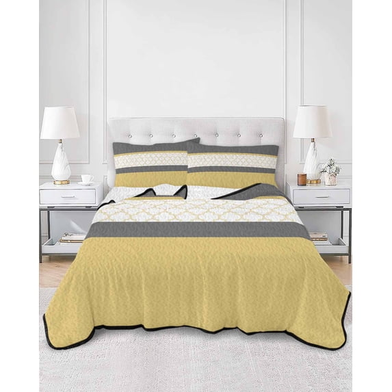 Quilts Full Size, Yellow Morocco Soft Comforter Bedding Set for Bed, Geometric Grey Stripes Modern Lightweight Quilted Bedspread with Pillow Cover(2 Pieces) for All Season, 78x90 Inch