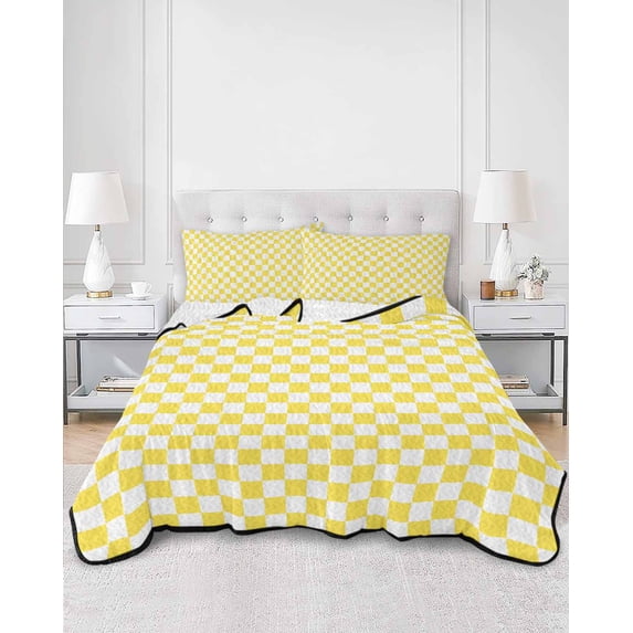 Quilts Full Size, Yellow White Plaid Soft Comforter Bedding Set for Bed, Modern Retro Geometric Checkered Lightweight Quilted Bedspread with Pillow Cover(2 Pieces) for All Season, 78x90 Inch