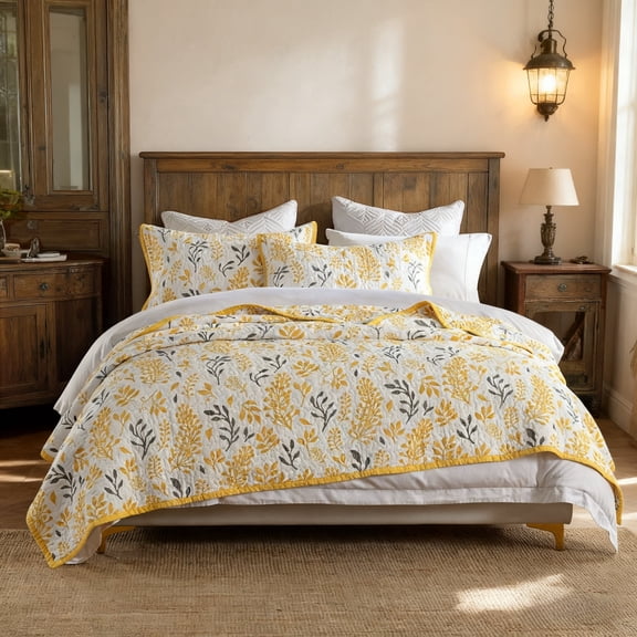 King Size 3 Pieces - 100% Cotton Versatile Floral Quilt Set, Yellow Grey Farmhouse Bedspread Coverlet - Soft Lightweight Comforter Bedding Set with Pillow Shams for All Season
