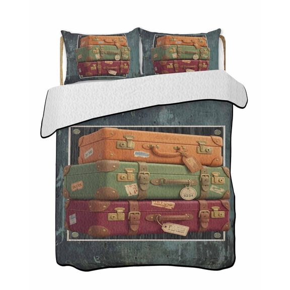 Quilts King Size Bedding Set, 3D Optical Illusion Lightweight Quilted Comforter, Vintage Shabby Chic Suitcase on Walls Soft Reversible Bedspread Coverlet with Pillow Covers for All Season, 96" x 106"