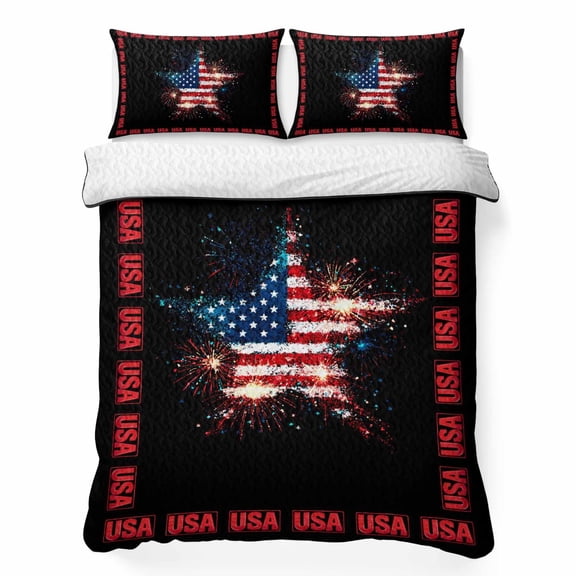 Quilts King Size Bedding Set, 4th of July Lightweight Quilted Comforter, American Anniversary USA Flag Star Black Soft Reversible Bedspread Coverlet with Pillow Covers for All Season, 96" x 106"