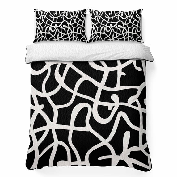 Quilts King Size Bedding Set, Abstract Boho Lightweight Quilted Comforter, Middle Century Rustic Black White Texture Soft Reversible Bedspread Coverlet with Pillow Covers for All Season, 96" x 106"