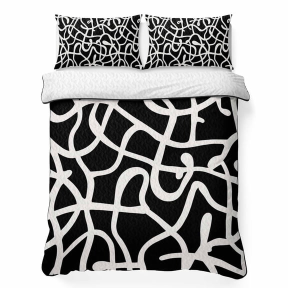 Quilts King Size Bedding Set, Abstract Boho Lightweight Quilted Comforter, Middle Century Rustic Black White Texture Soft Reversible Bedspread Coverlet with Pillow Covers for All Season, 96" x 106"