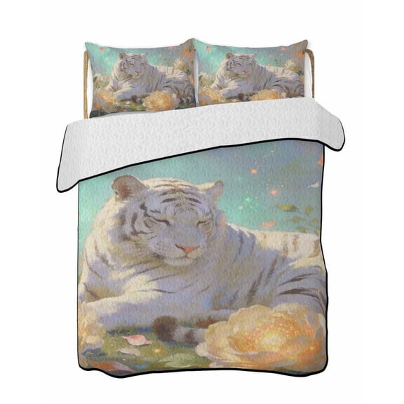 Quilts King Size Bedding Set, Aesthetic White Tiger Lightweight Quilted Comforter, Abstract Art Floral Ombre Soft Reversible Bedspread Coverlet with Pillow Covers for All Season, 96" x 106"