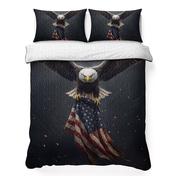 Quilts King Size Bedding Set, American Flag Lightweight Quilted Comforter, 4th of July Independence Day USA Eagle Patriotic Soft Bedspread Coverlet with Pillow Covers for All Season, 96" x 106"
