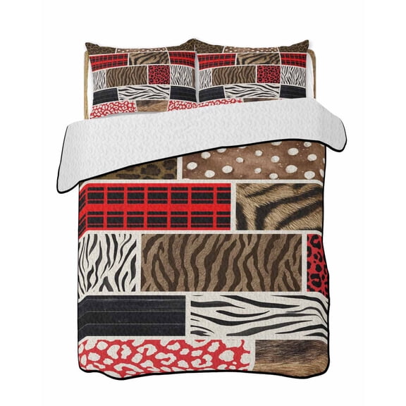Quilts King Size Bedding Set, Animal Fur Print Lightweight Quilted Comforter, Red Brown Giraffe Zebra Striped Plaid Soft Reversible Bedspread Coverlet with Pillow Covers for All Season, 96" x 106"