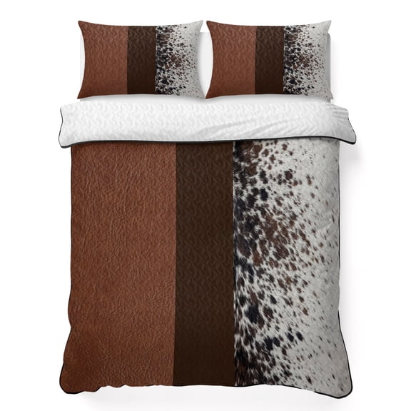 Quilts King Size Bedding Set, Animals Leather Texture Lightweight Quilted Comforter, Country Dots Cowhide Patterned Soft Reversible Bedspread Coverlet with Pillow Covers for All Season, 96" x 106"