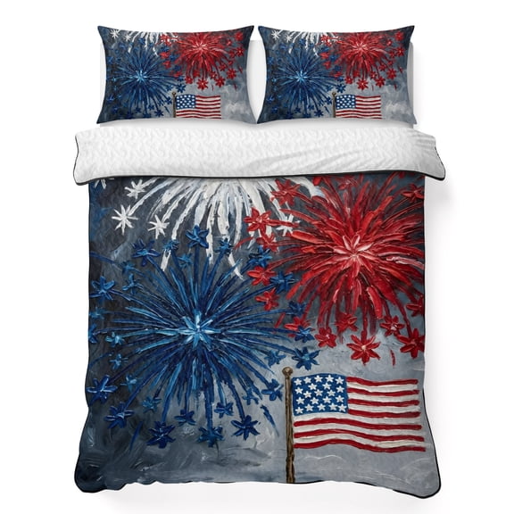 Quilts King Size Bedding Set, Anniversary USA Flag Lightweight Quilted Comforter, American Blue Red Fireworks Soft Reversible Bedspread Coverlet with Pillow Covers for All Season, 96" x 106"