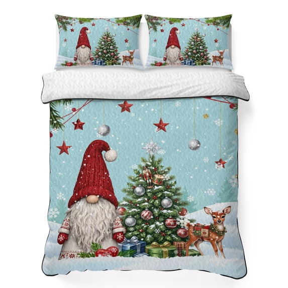 Quilts King Size Bedding Set, Aqua Gnomes Christmas Lightweight Quilted Comforter, Xmas Tree Elk Snowflake Balls Soft Reversible Bedspread Coverlet with Pillow Covers for All Season, 96" x 106"