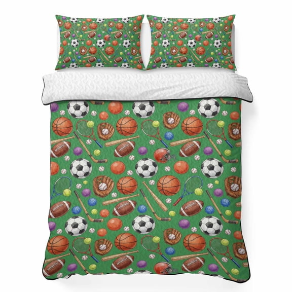 Quilts King Size Bedding Set, Ball Sports Lightweight Quilted Comforter, Modern Basketball Soccer Baseball Golf Green Soft Reversible Bedspread Coverlet with Pillow Covers for All Season, 96" x 106"