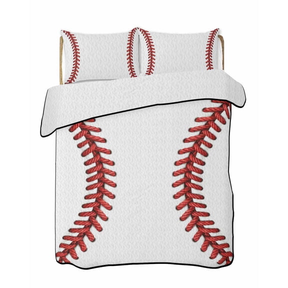 Quilts King Size Bedding Set, Baseball Sport Lightweight Quilted Comforter, Abstract Rugby Stitching Red Lines Soft Reversible Bedspread Coverlet with Pillow Covers for All Season, 96" x 106"