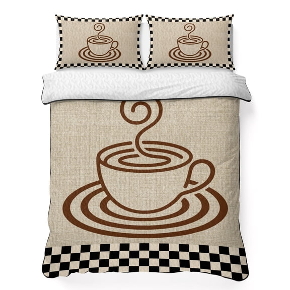 Quilts King Size Bedding Set, Beige Coffee Lightweight Quilted Comforter, Farmhouse Coffee Cup Black White Plaid Soft Reversible Bedspread Coverlet with Pillow Covers for All Season, 96" x 106"