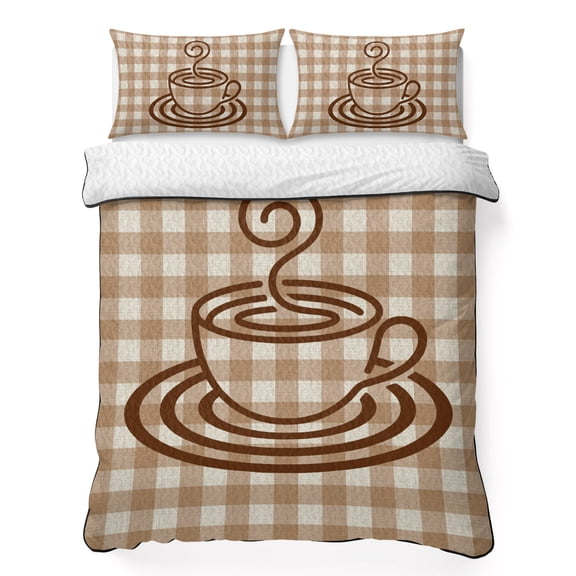 Quilts King Size Bedding Set, Beige Coffee Lightweight Quilted Comforter, Vintage Rustic Coffee Cup Brown Plaid Soft Reversible Bedspread Coverlet with Pillow Covers for All Season, 96" x 106"